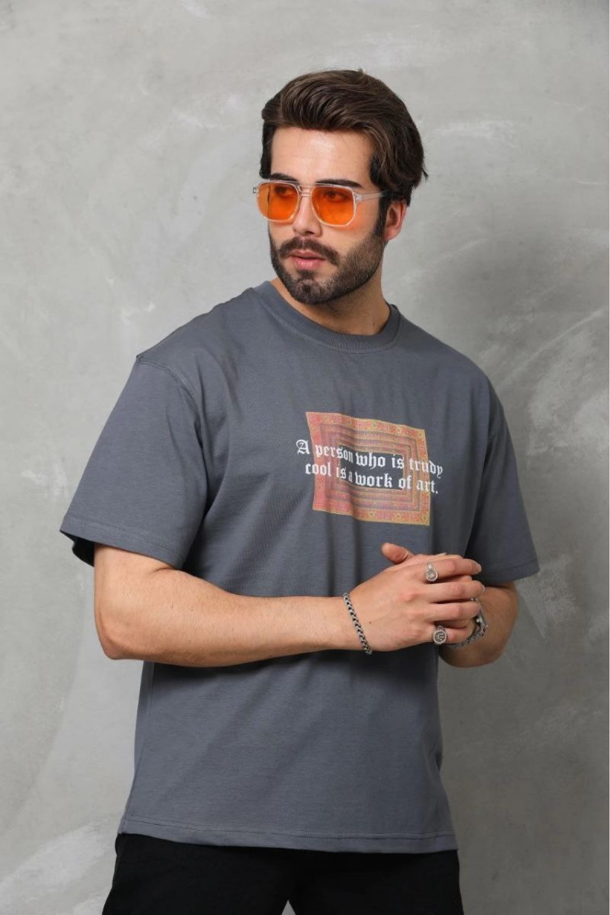 Erkek Baskılı T-Shirt Kısa Kol Bisiklet Yaka Regular Fit Rahat Kalıp Tişört -  Füme