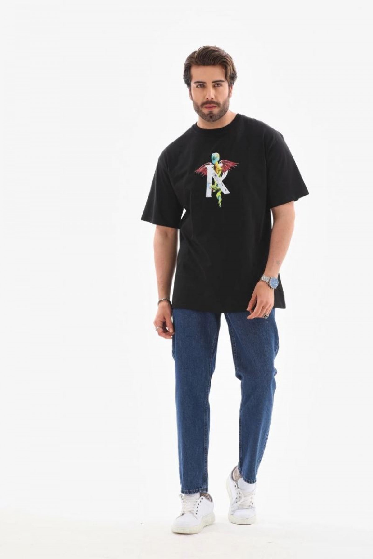 Erkek Baskılı T-Shirt Kısa Kol Bisiklet Yaka Regular Fit Rahat Kalıp Tişört -  Siyah