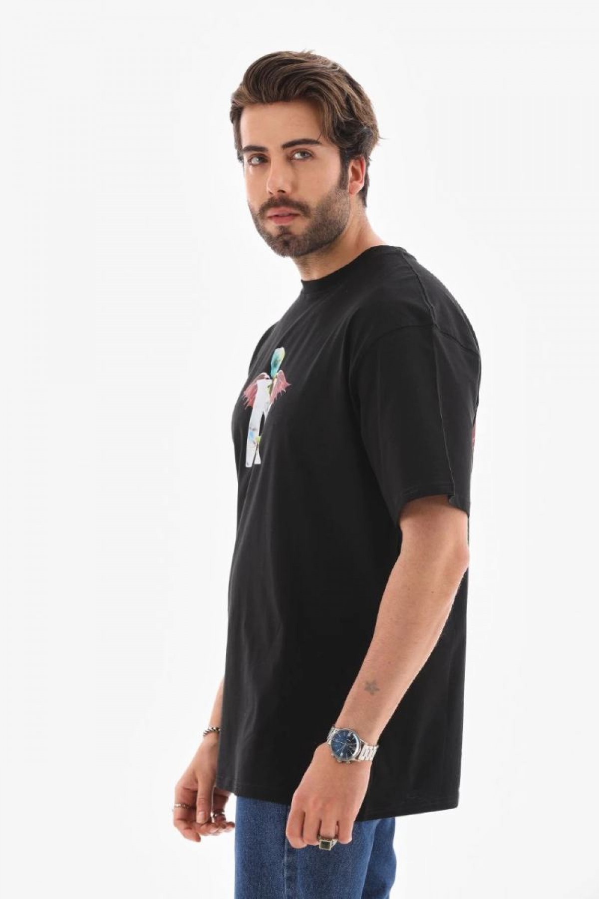 Erkek Baskılı T-Shirt Kısa Kol Bisiklet Yaka Regular Fit Rahat Kalıp Tişört -  Siyah