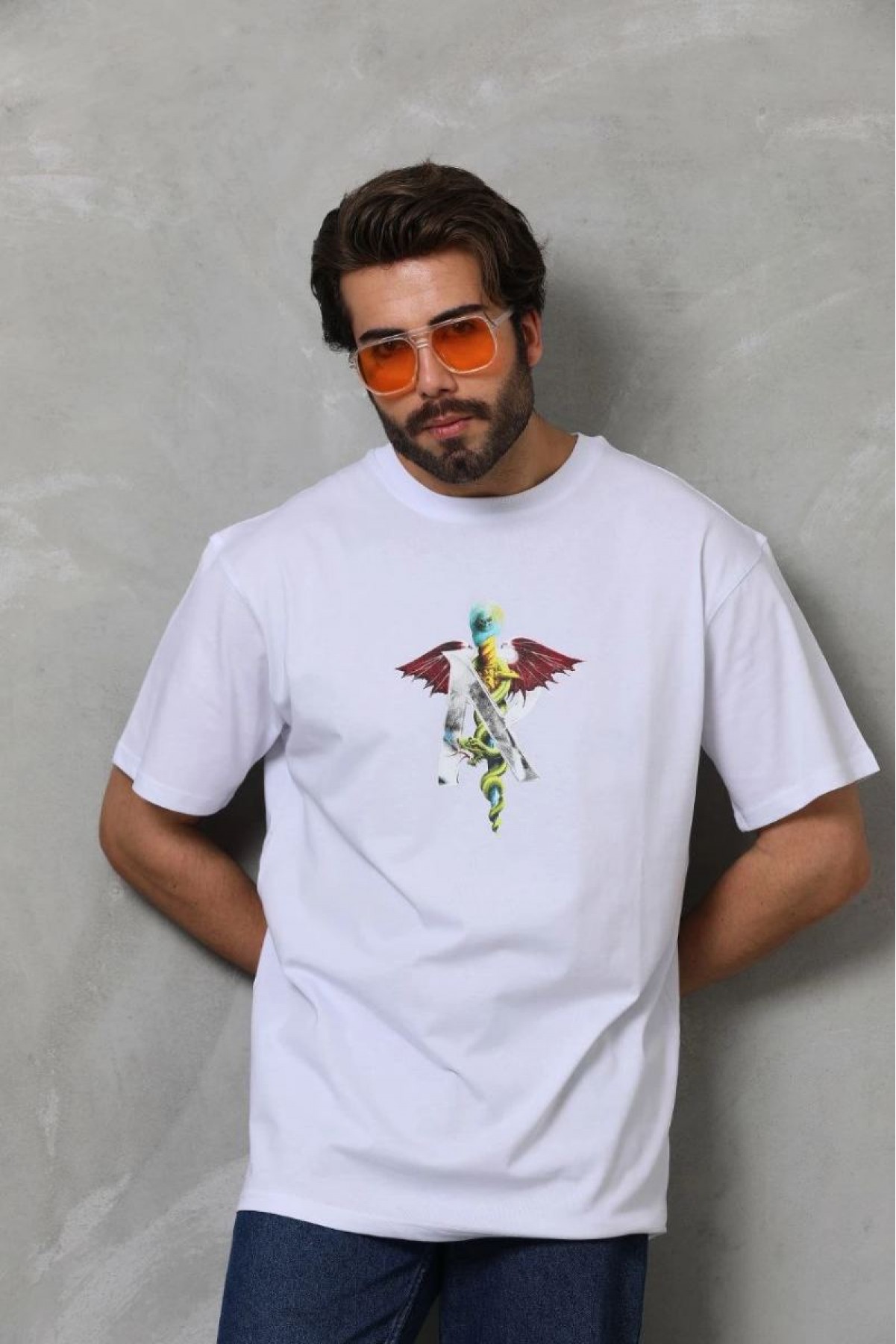 Erkek Baskılı T-Shirt Kısa Kol Bisiklet Yaka Regular Fit Rahat Kalıp Tişört -  Beyaz