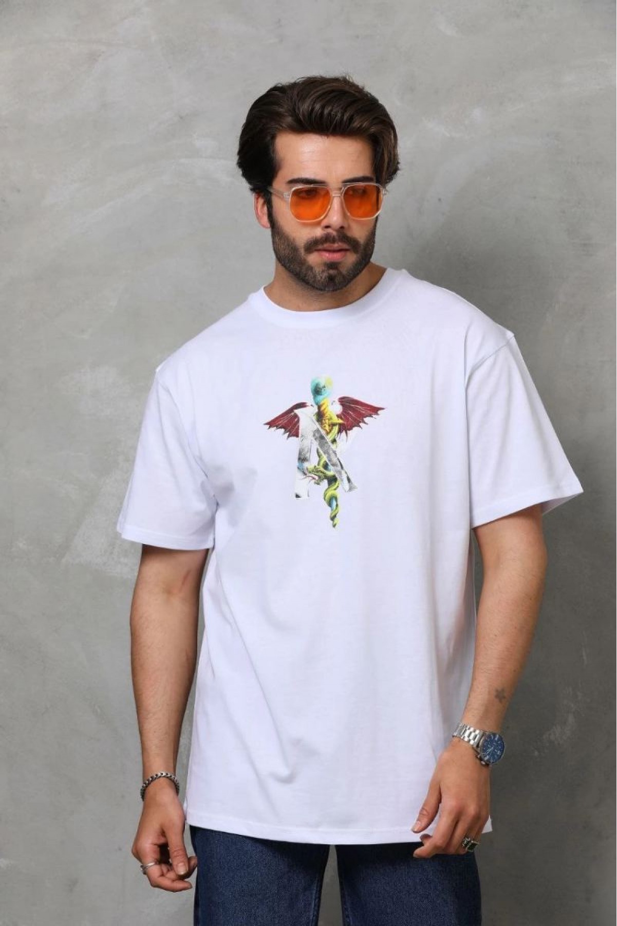 Erkek Baskılı T-Shirt Kısa Kol Bisiklet Yaka Regular Fit Rahat Kalıp Tişört -  Beyaz