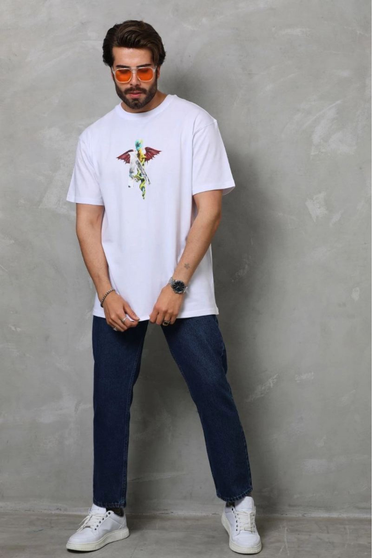Erkek Baskılı T-Shirt Kısa Kol Bisiklet Yaka Regular Fit Rahat Kalıp Tişört -  Beyaz