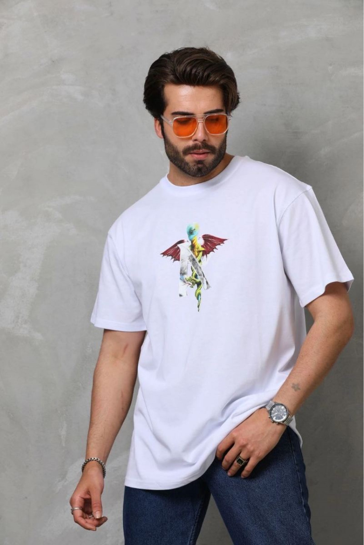 Erkek Baskılı T-Shirt Kısa Kol Bisiklet Yaka Regular Fit Rahat Kalıp Tişört -  Beyaz