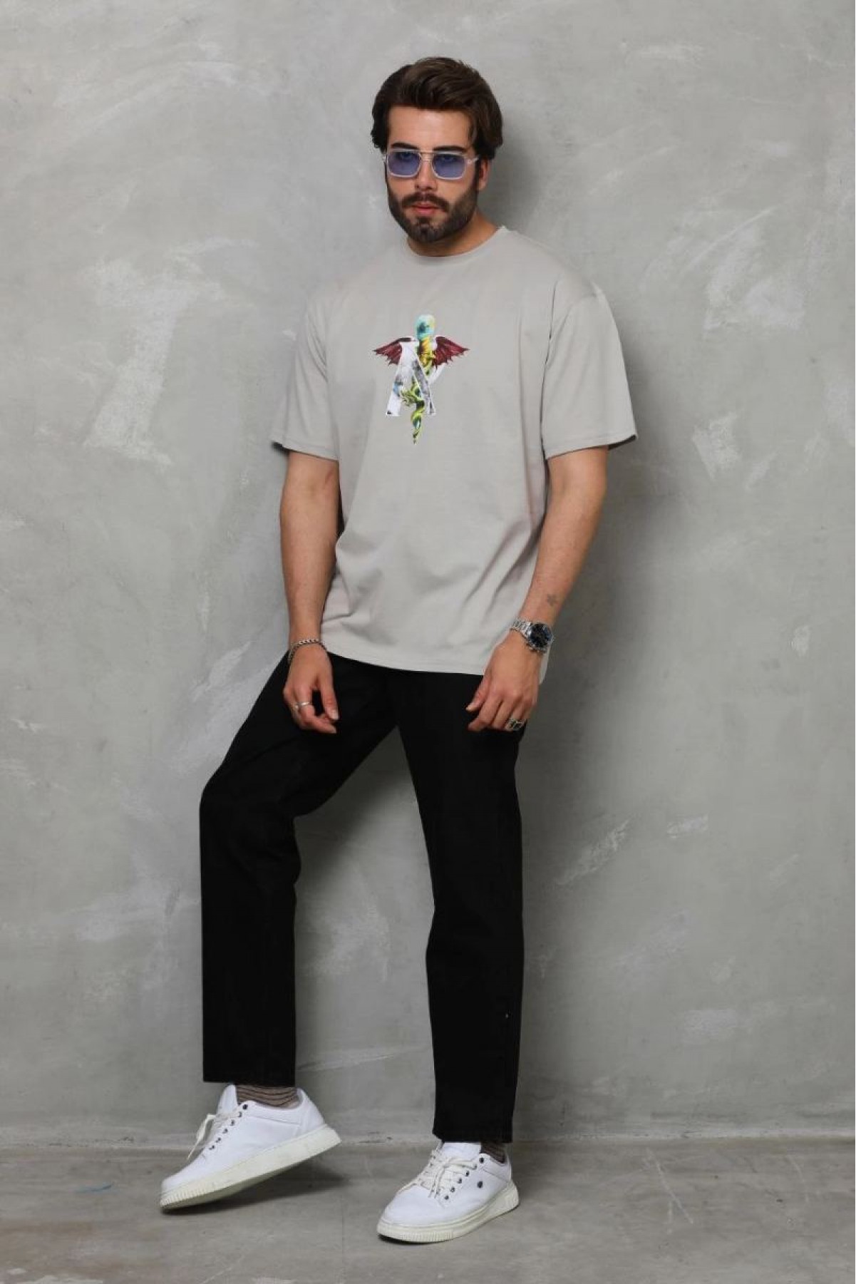 Erkek Baskılı T-Shirt Kısa Kol Bisiklet Yaka Regular Fit Rahat Kalıp Tişört -  Gri