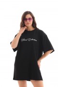 Kadın Baskılı T-Shirt Kısa Kol Bisiklet Yaka Oversize Rahat Kalıp Günlük Tişört - Siyah