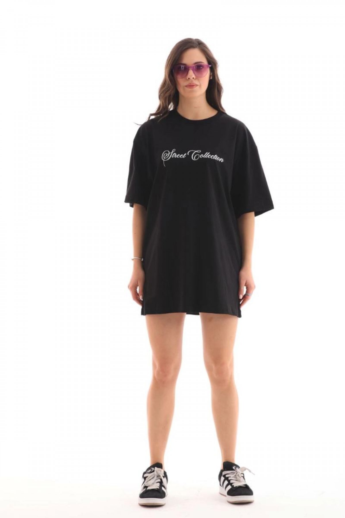 Kadın Baskılı T-Shirt Kısa Kol Bisiklet Yaka Oversize Rahat Kalıp Günlük Tişört - Siyah