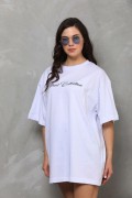Kadın Baskılı T-Shirt Kısa Kol Bisiklet Yaka Oversize Rahat Kalıp Günlük Tişört - Beyaz