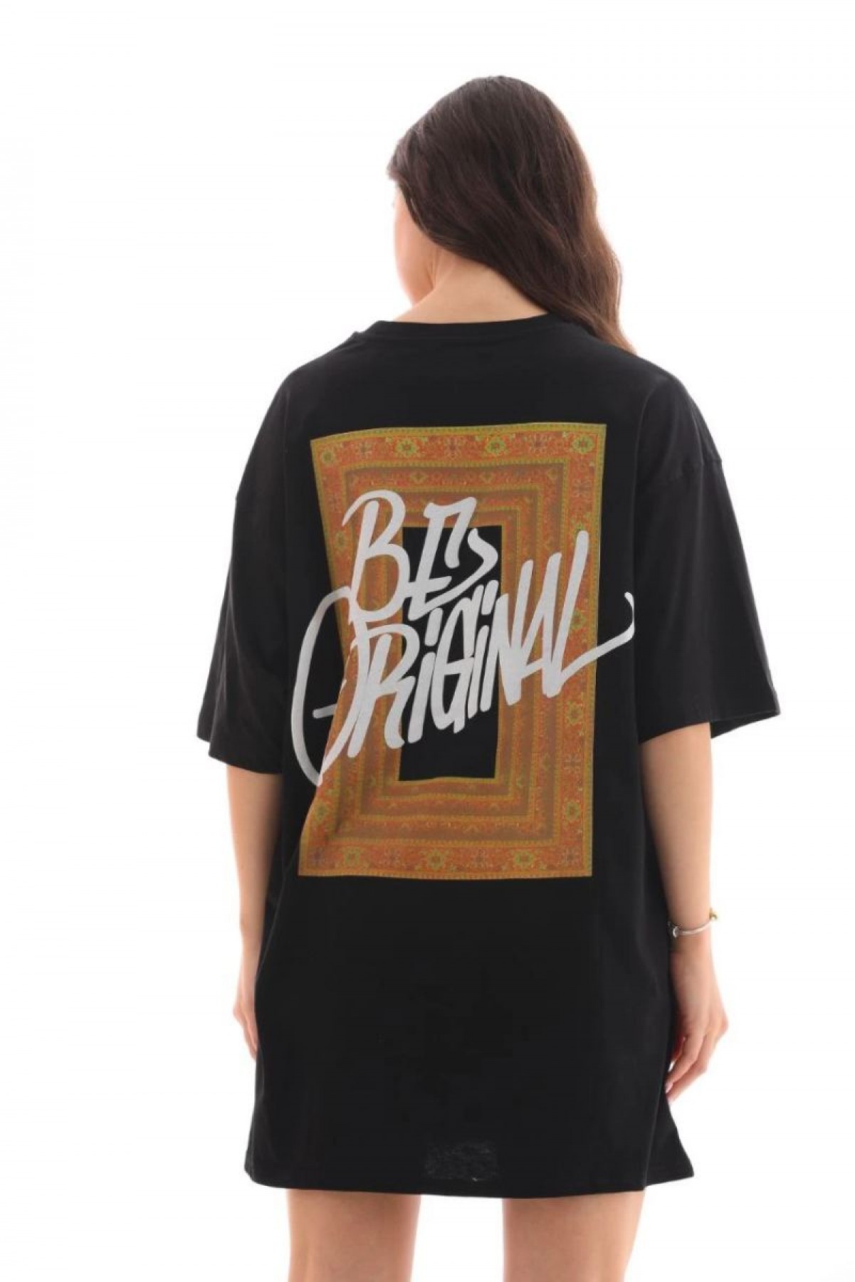 Kadın Baskılı T-Shirt Kısa Kol Bisiklet Yaka Oversize Rahat Kalıp Tişört - Siyah