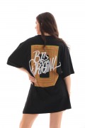 Kadın Baskılı T-Shirt Kısa Kol Bisiklet Yaka Oversize Rahat Kalıp Tişört - Siyah