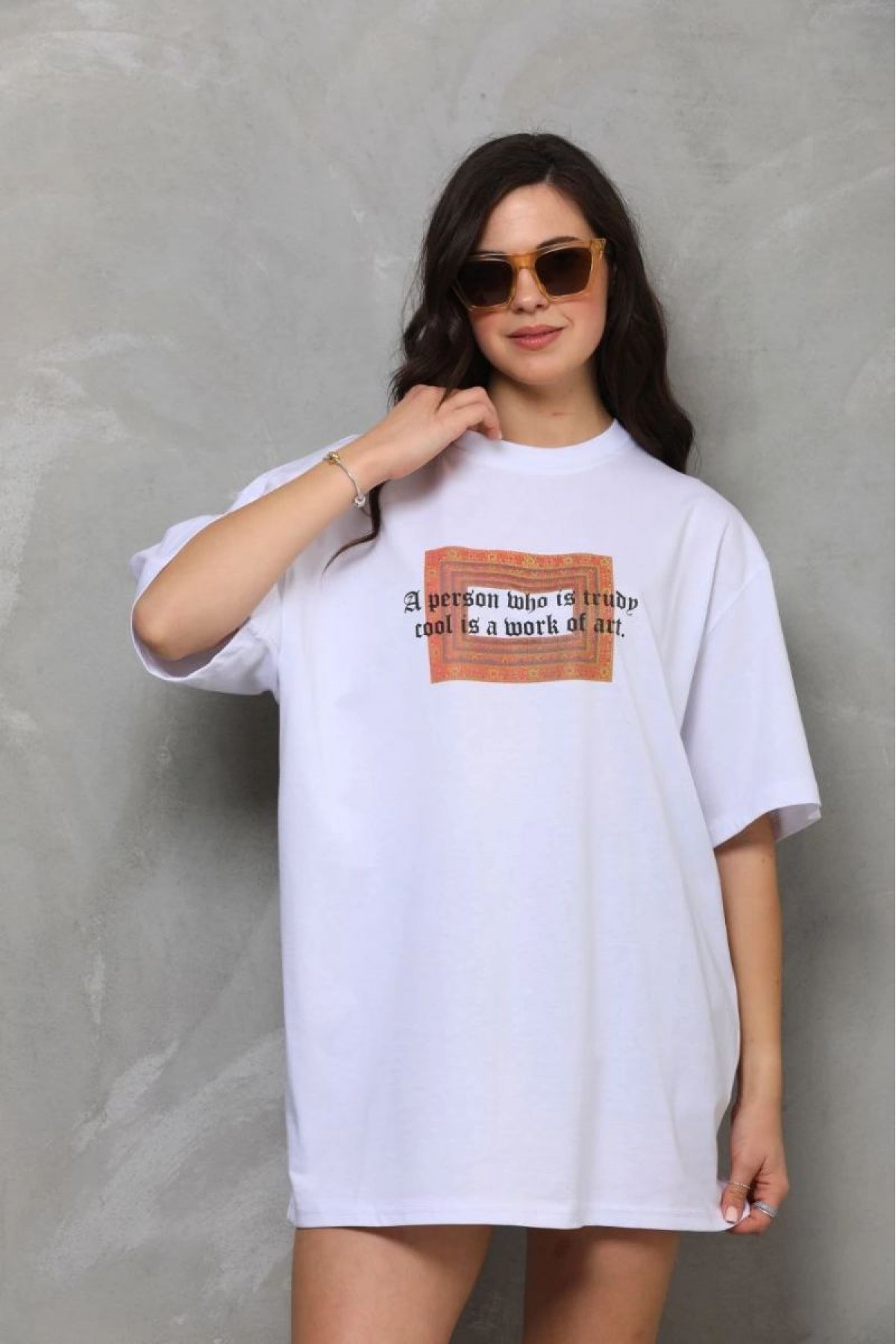 Kadın Baskılı T-Shirt Kısa Kol Bisiklet Yaka Oversize Rahat Kalıp Tişört - Beyaz
