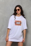 Kadın Baskılı T-Shirt Kısa Kol Bisiklet Yaka Oversize Rahat Kalıp Tişört - Beyaz