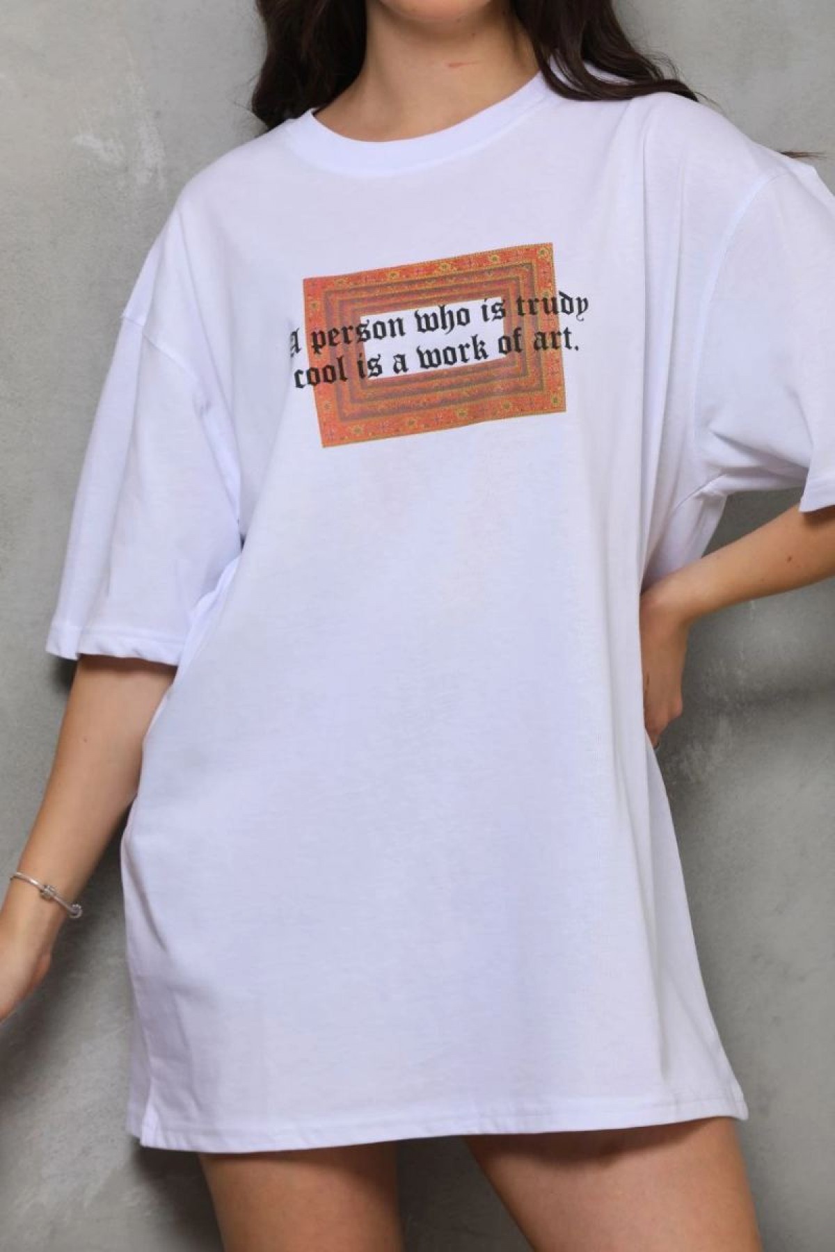 Kadın Baskılı T-Shirt Kısa Kol Bisiklet Yaka Oversize Rahat Kalıp Tişört - Beyaz