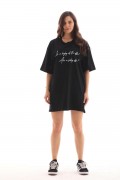 Kadın Kısa Kol Yazlık Tişört Bisiklet Yaka Baskılı Oversize T-Shirt - Siyah
