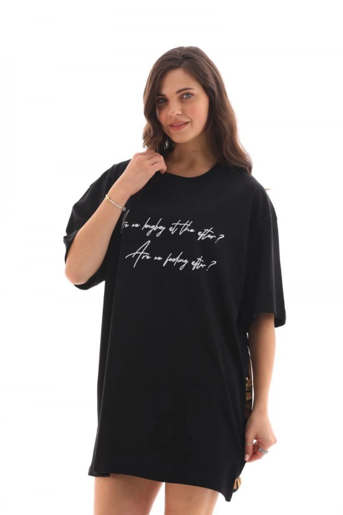 Kadın Kısa Kol Yazlık Tişört Bisiklet Yaka Baskılı Oversize T-Shirt - Siyah
