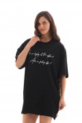 Kadın Kısa Kol Yazlık Tişört Bisiklet Yaka Baskılı Oversize T-Shirt - Siyah