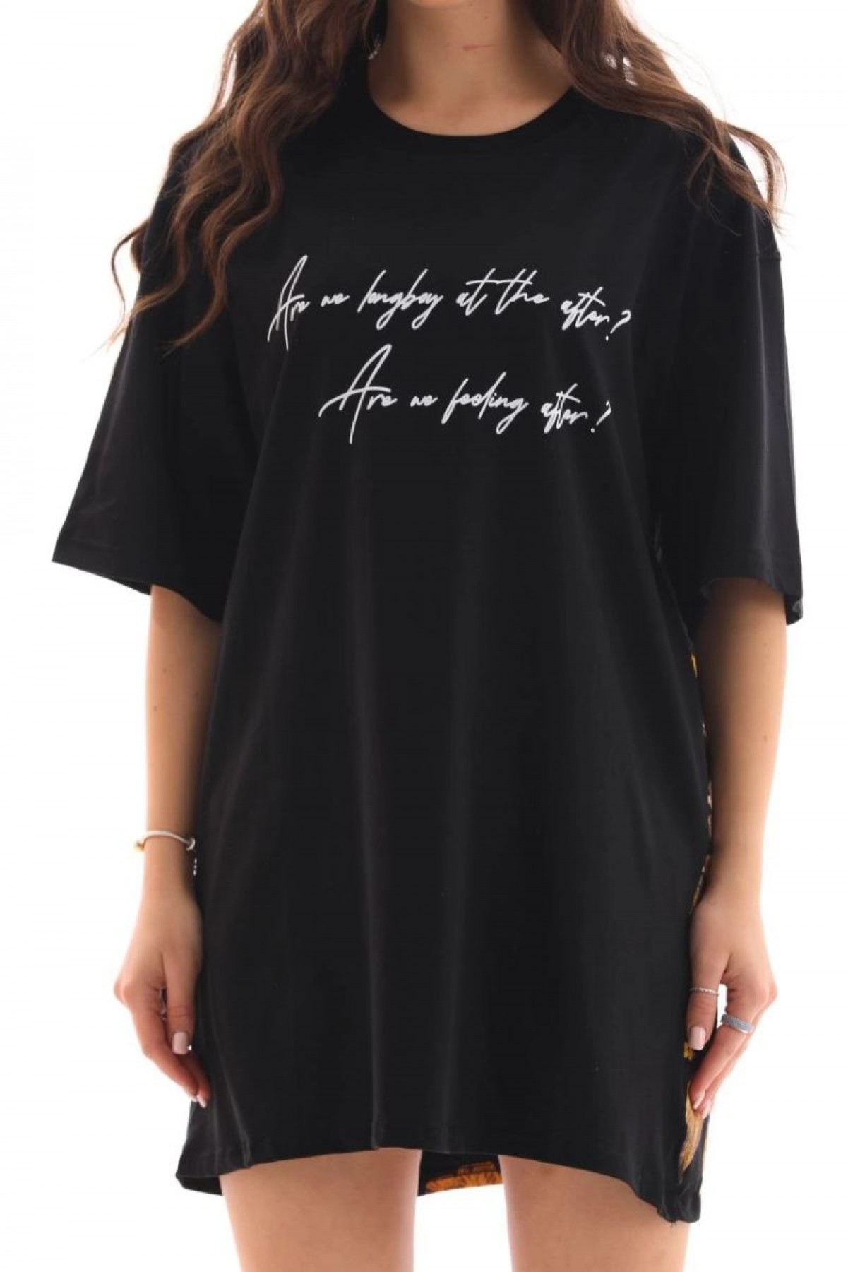 Kadın Kısa Kol Yazlık Tişört Bisiklet Yaka Baskılı Oversize T-Shirt - Siyah