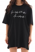 Kadın Kısa Kol Yazlık Tişört Bisiklet Yaka Baskılı Oversize T-Shirt - Siyah