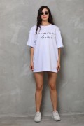 Kadın Kısa Kol Yazlık Tişört Bisiklet Yaka Baskılı Oversize T-Shirt - Beyaz