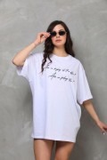Kadın Kısa Kol Yazlık Tişört Bisiklet Yaka Baskılı Oversize T-Shirt - Beyaz