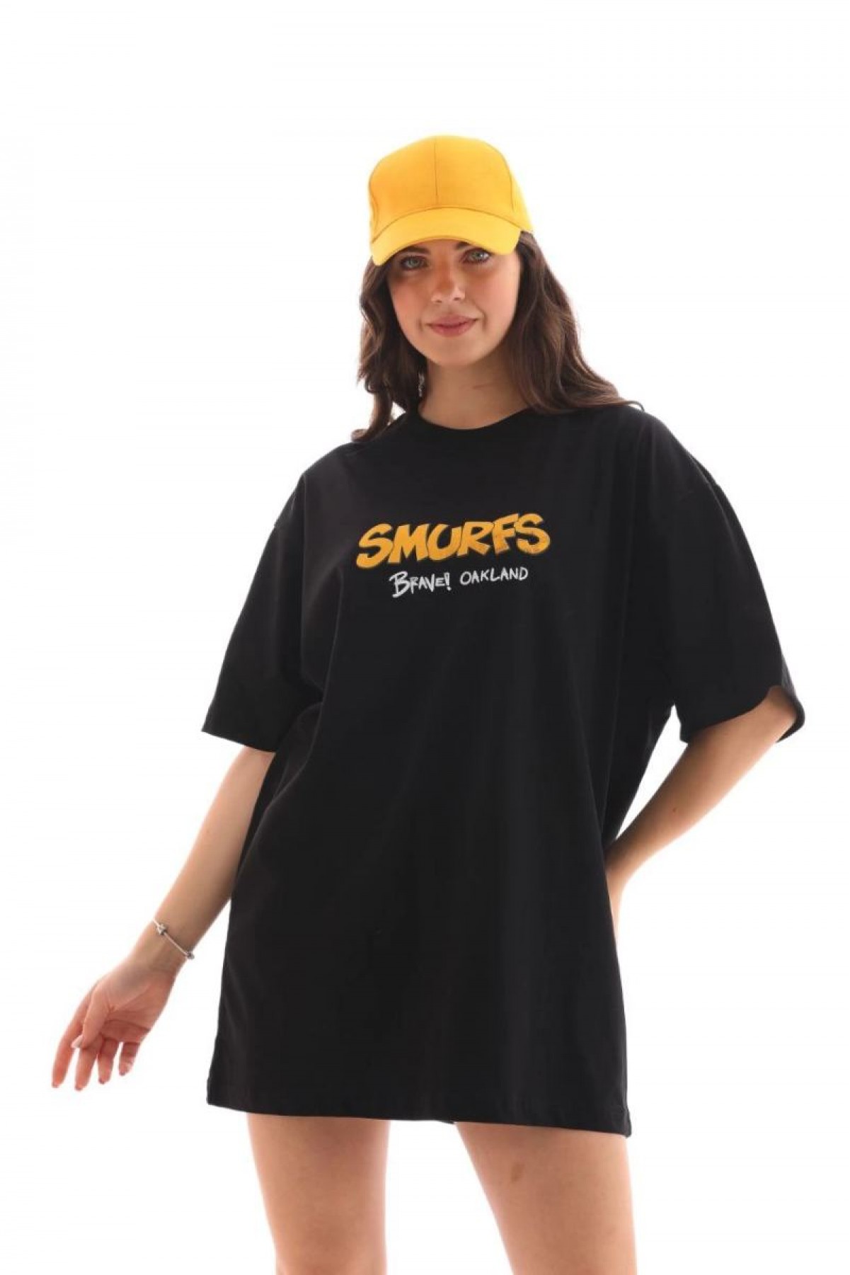 Kadın Kısa Kol Yazlık Tişört Bisiklet Yaka Baskılı Oversize T-Shirt - Siyah