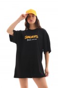 Kadın Kısa Kol Yazlık Tişört Bisiklet Yaka Baskılı Oversize T-Shirt - Siyah