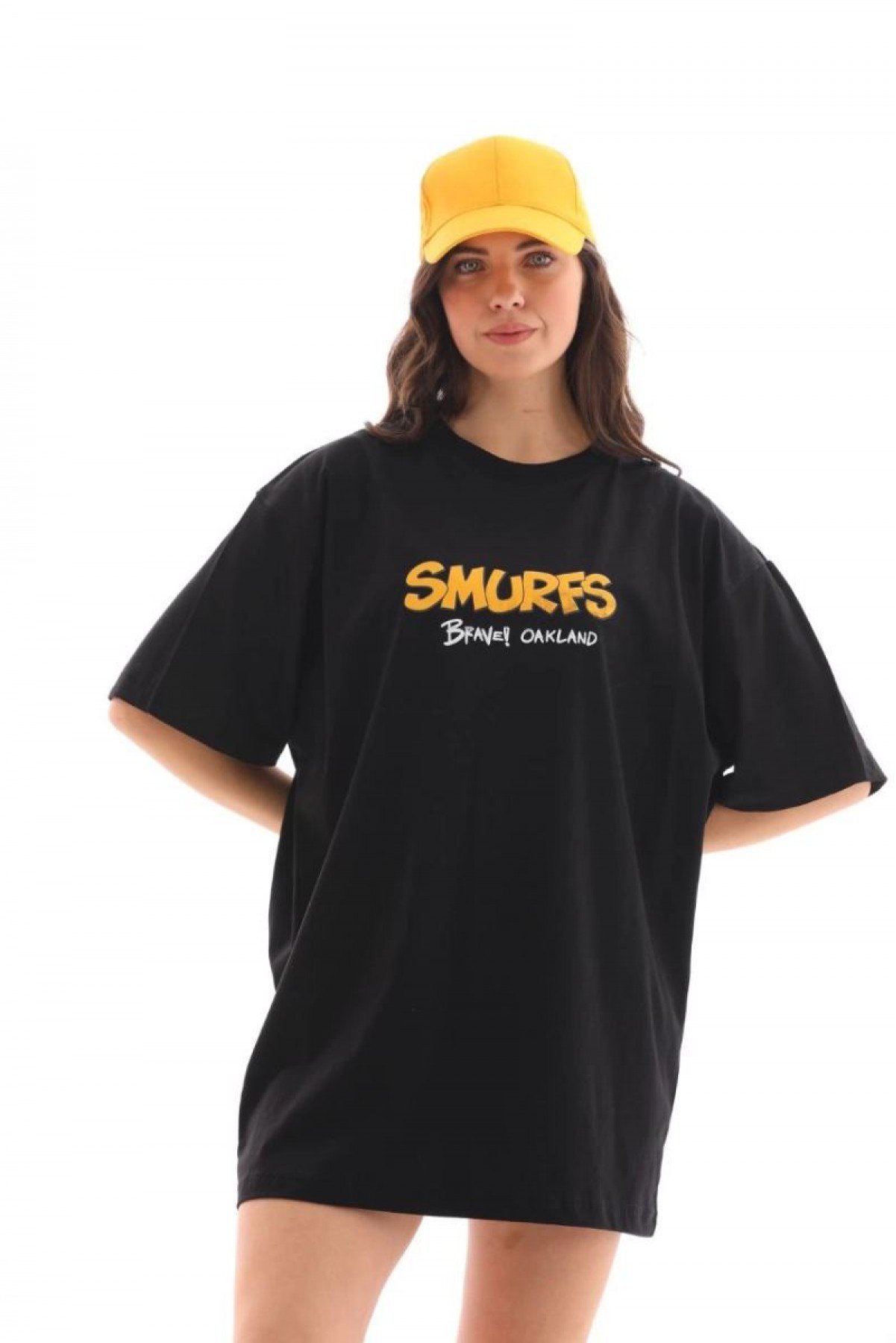 Kadın Kısa Kol Yazlık Tişört Bisiklet Yaka Baskılı Oversize T-Shirt - Siyah