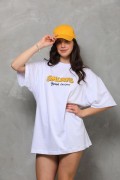 kadın Bisiklet Yaka Baskılı Oversize T-Shirt - Beyaz