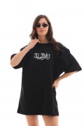Kadın Kısa Kol Yazlık Tişört Bisiklet Yaka Baskılı Oversize T-Shirt - Siyah