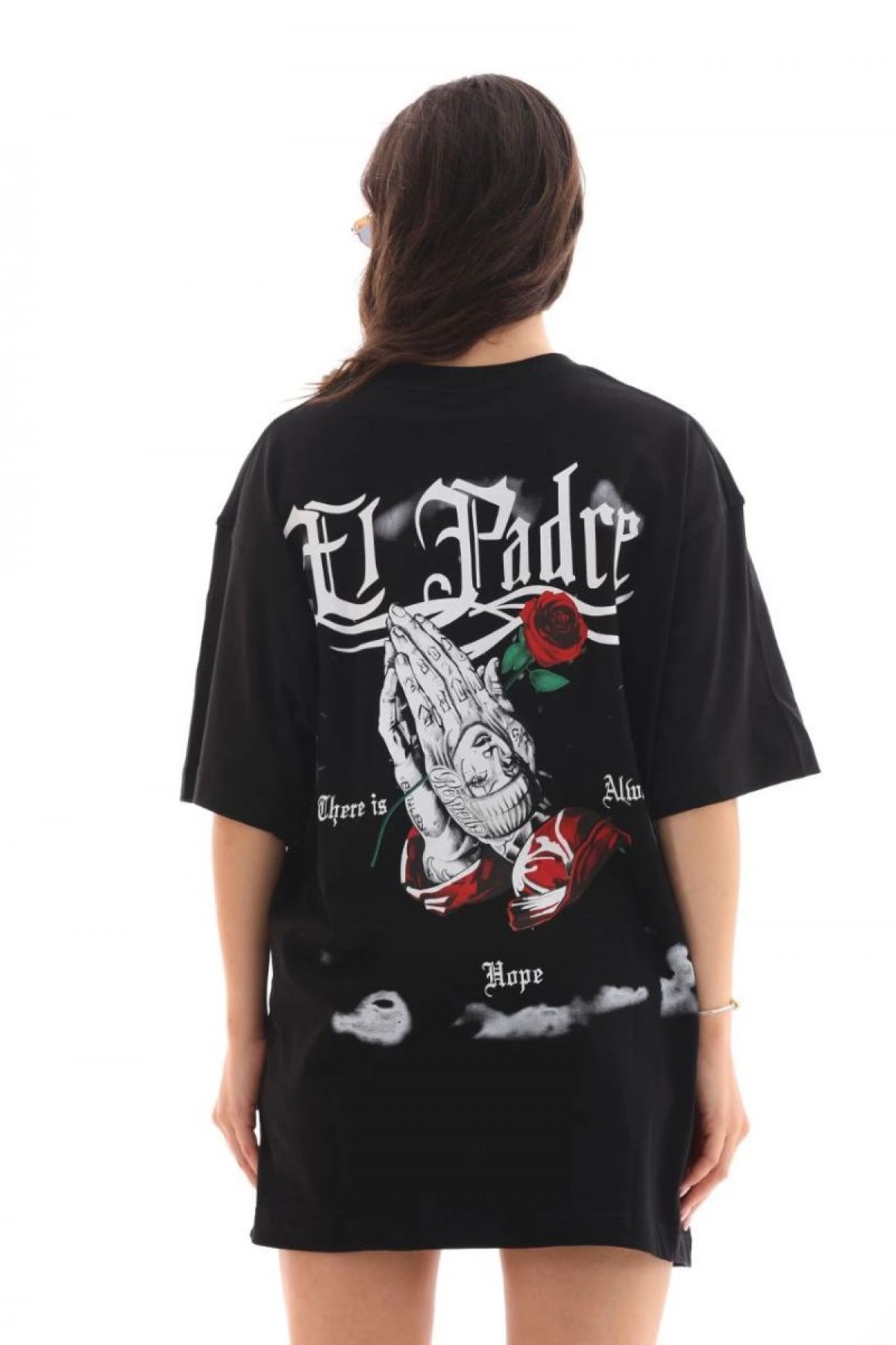 Kadın Kısa Kol Yazlık Tişört Bisiklet Yaka Baskılı Oversize T-Shirt - Siyah