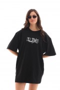 Kadın Kısa Kol Yazlık Tişört Bisiklet Yaka Baskılı Oversize T-Shirt - Siyah