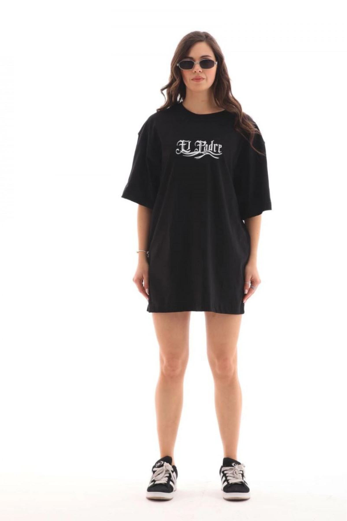 Kadın Kısa Kol Yazlık Tişört Bisiklet Yaka Baskılı Oversize T-Shirt - Siyah