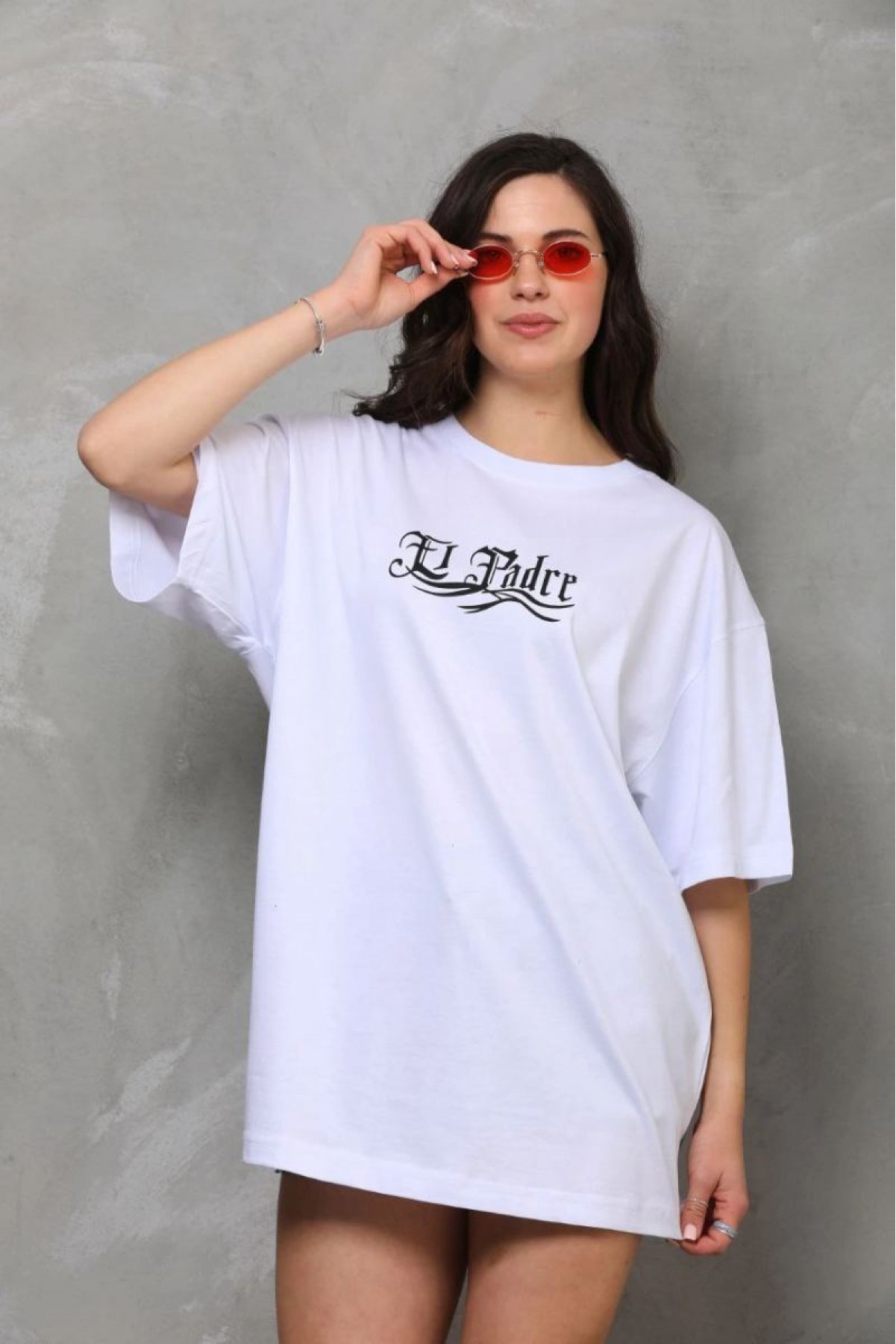 Kadın Kısa Kol Yazlık Tişört Bisiklet Yaka Baskılı Oversize T-Shirt - Beyaz