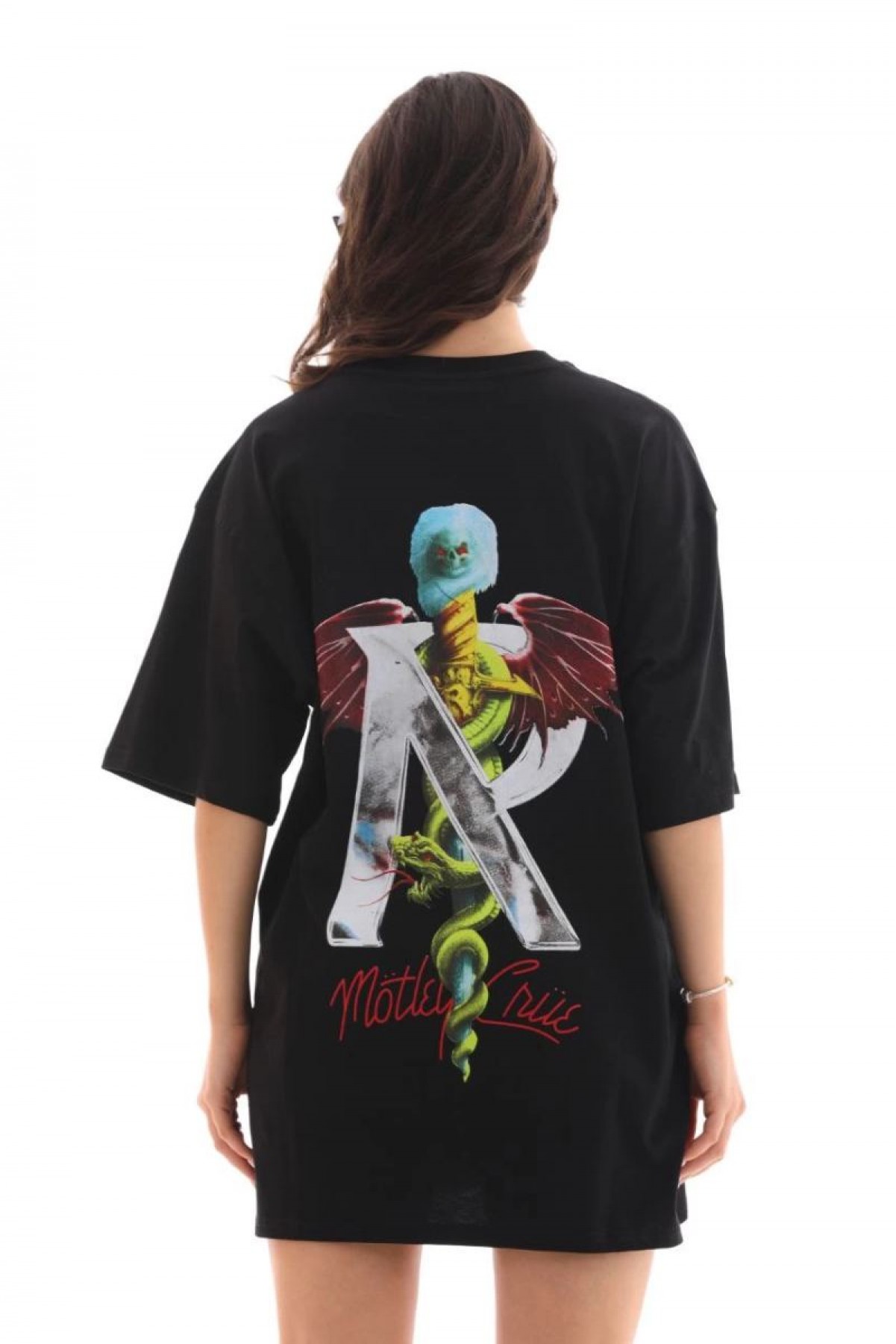 Kadın Baskılı T-Shirt Kısa Kol Bisiklet Yaka Regular Fit Rahat Kalıp Günlük Tişört -Siyah