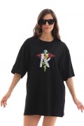 Kadın Baskılı T-Shirt Kısa Kol Bisiklet Yaka Regular Fit Rahat Kalıp Günlük Tişört -Siyah