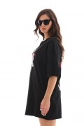 Kadın Baskılı T-Shirt Kısa Kol Bisiklet Yaka Regular Fit Rahat Kalıp Günlük Tişört -Siyah