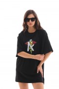 Kadın Baskılı T-Shirt Kısa Kol Bisiklet Yaka Regular Fit Rahat Kalıp Günlük Tişört -Siyah