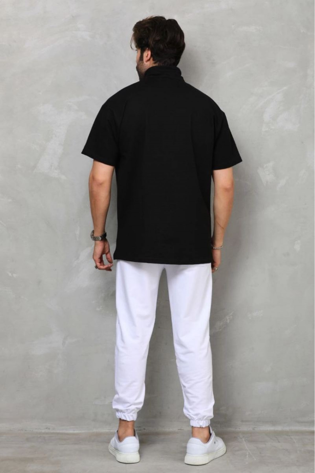 Erkek Yarım Fermuarlı Düz Oversize T-shirt - Siyah