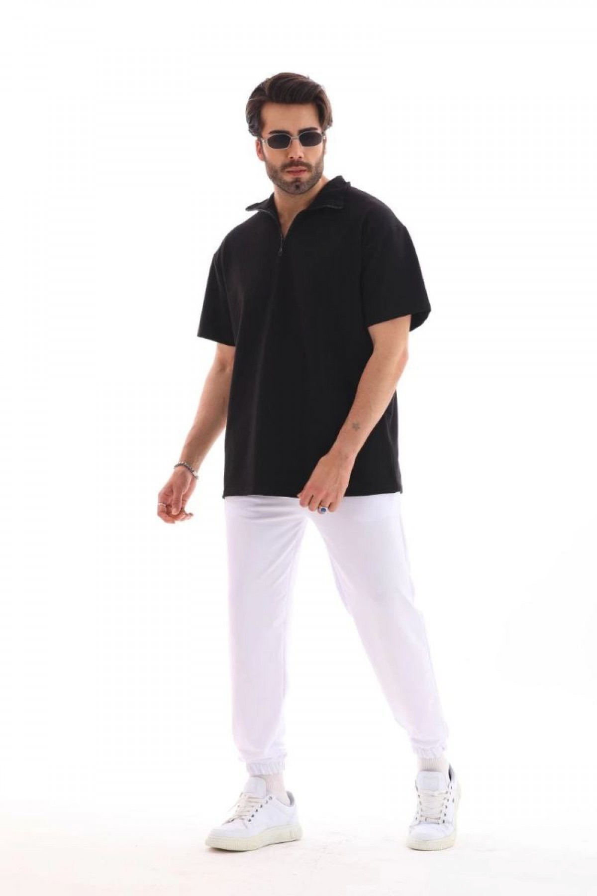 Erkek Yarım Fermuarlı Düz Oversize T-shirt - Siyah