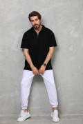 Erkek Yarım Fermuarlı Düz Oversize T-shirt - Siyah
