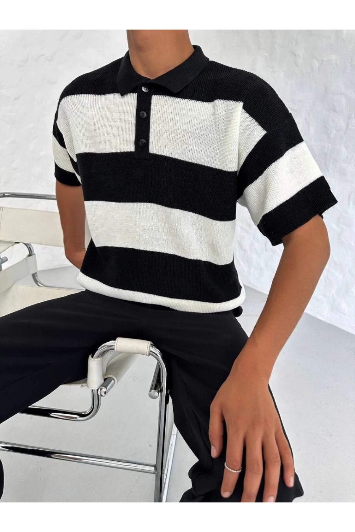 Erkek Polo Yaka Düğmeli Triko T-Shirt - Siyah