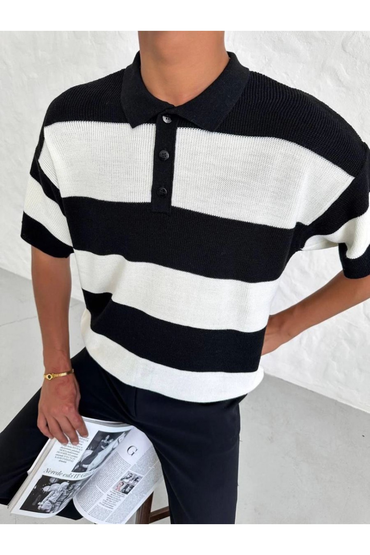 Erkek Polo Yaka Düğmeli Triko T-Shirt - Siyah