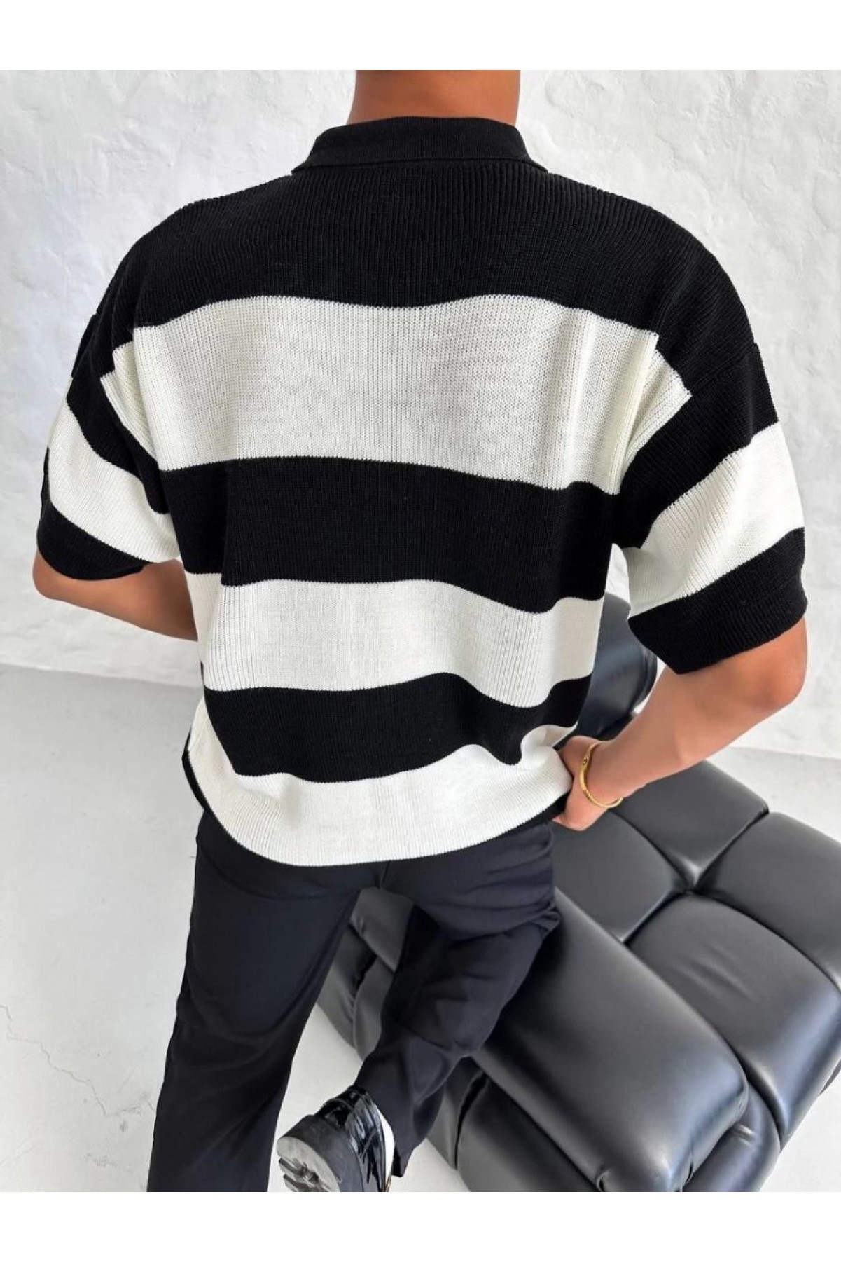 Erkek Polo Yaka Düğmeli Triko T-Shirt - Siyah