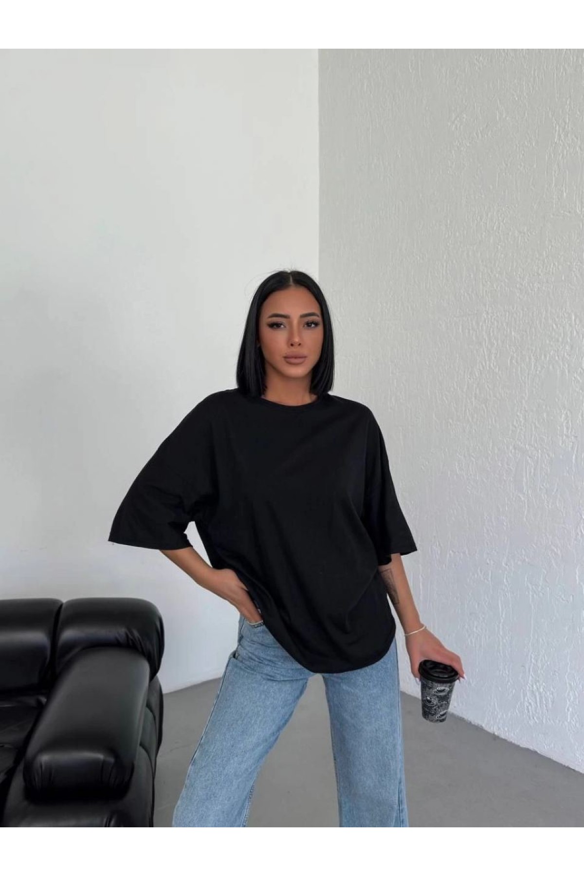 Kadın Düz T-Shirt Kısa Kol Bisiklet Yaka Oversize Tişört - Siyah
