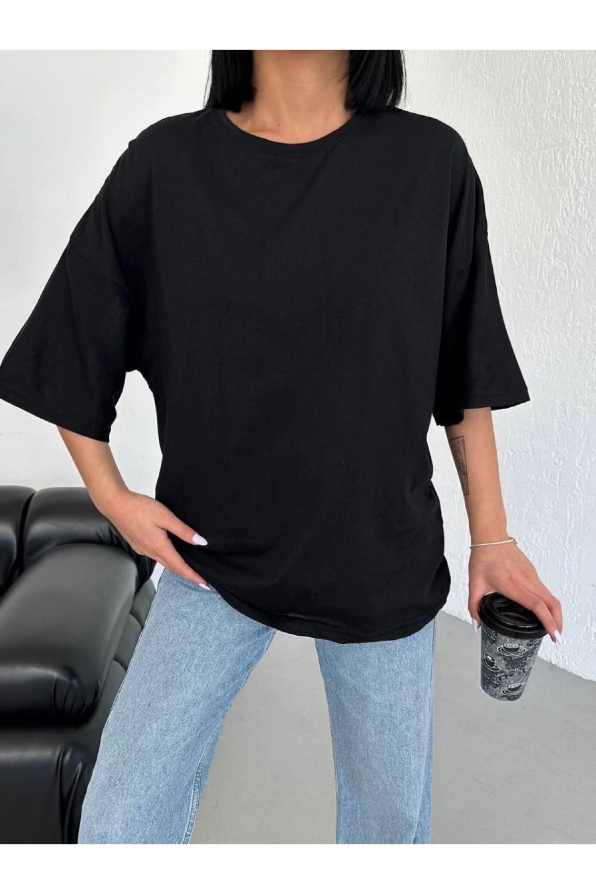 Kadın Düz T-Shirt Kısa Kol Bisiklet Yaka Oversize Tişört - Siyah