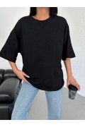 Kadın Düz T-Shirt Kısa Kol Bisiklet Yaka Oversize Tişört - Siyah