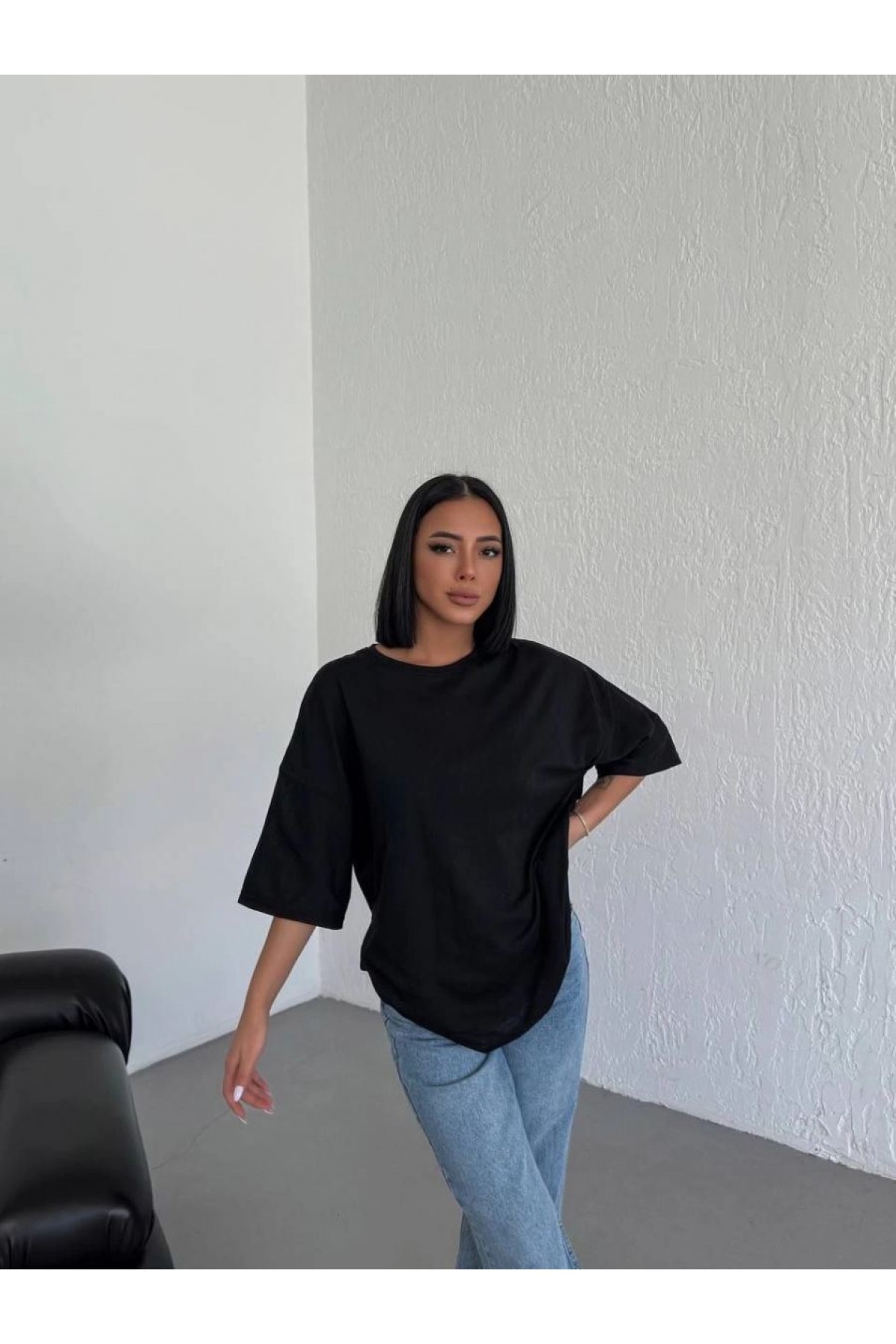 Kadın Düz T-Shirt Kısa Kol Bisiklet Yaka Oversize Tişört - Siyah
