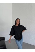 Kadın Düz T-Shirt Kısa Kol Bisiklet Yaka Oversize Tişört - Siyah