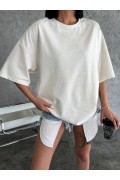 Kadın Düz T-Shirt Kısa Kol Bisiklet Yaka Oversize Rahat Kalıp Günlük Tişört - Beyaz