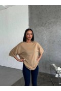 Kadın Düz T-Shirt Kısa Kol Bisiklet Yaka Oversize Rahat Kalıp Günlük Tişört - Bej