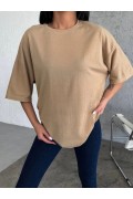 Kadın Düz T-Shirt Kısa Kol Bisiklet Yaka Oversize Rahat Kalıp Günlük Tişört - Bej